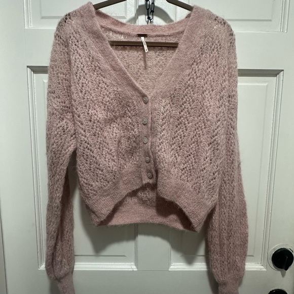 FREE PEOPLE Crochet Amelia ALPACA bland cardigan in Mauve Moon Oversized Size M - Picture 2 of 4